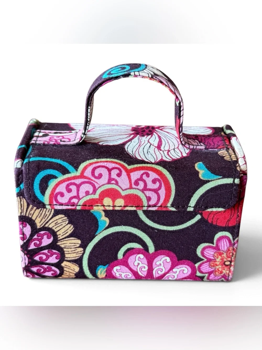 Retired Vera Bradley Mod Floral Pattern Jewelry Case Brown Pink Green Red White